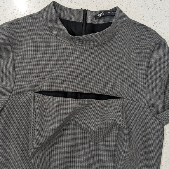 Zara gray front chest cut out Houndstooth sheath mini dress long sleeves size S - Picture 7 of 12